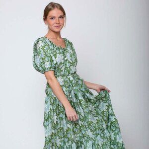 HANNAH ARTWEAR Selene Coriandre Green Hand-block Floral Maxi Dress - Size 2 (M)